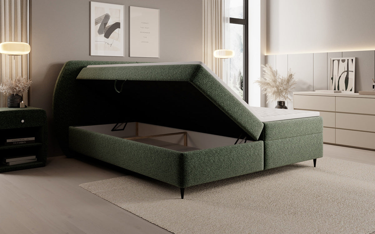 Lit boxspring Nara en tissu structuré avec espace de rangement