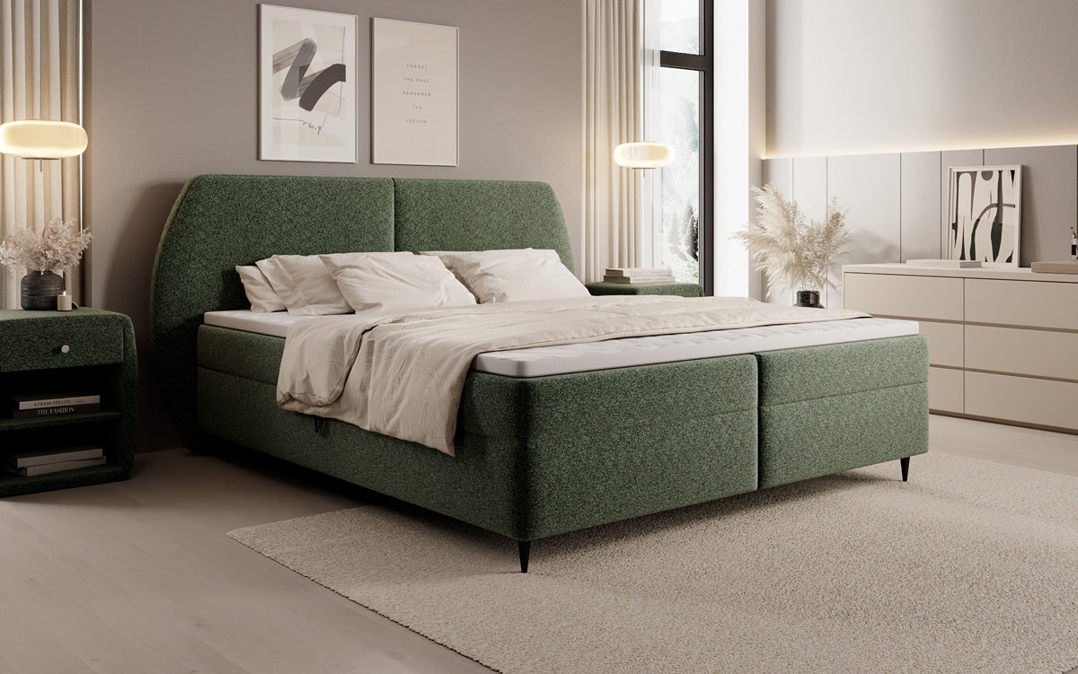 Lit boxspring Nara en tissu structuré avec espace de rangement