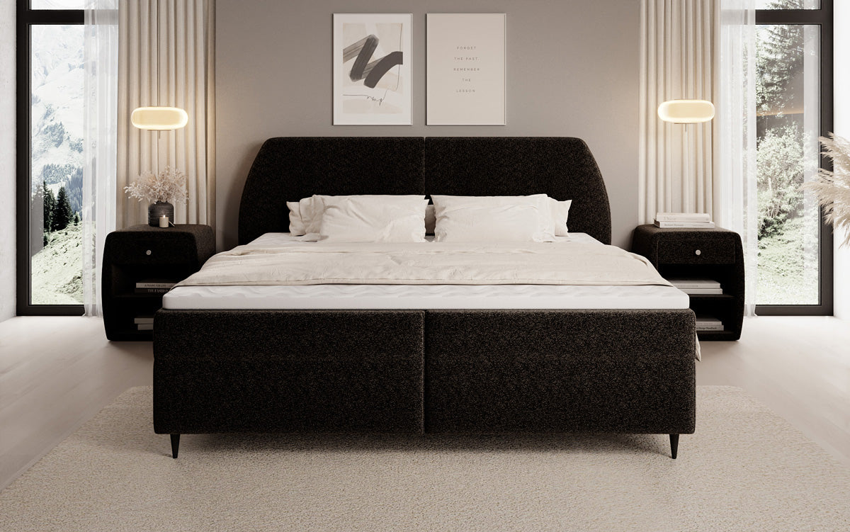 Lit boxspring Nara en tissu structuré avec espace de rangement
