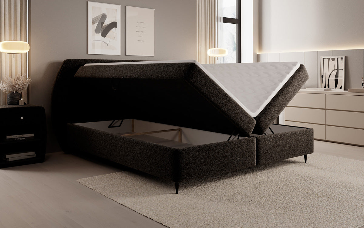 Lit boxspring Nara en tissu structuré avec espace de rangement