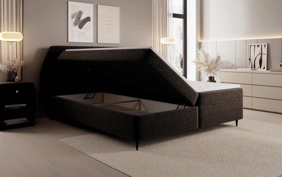 Lit boxspring Nara en tissu structuré avec espace de rangement