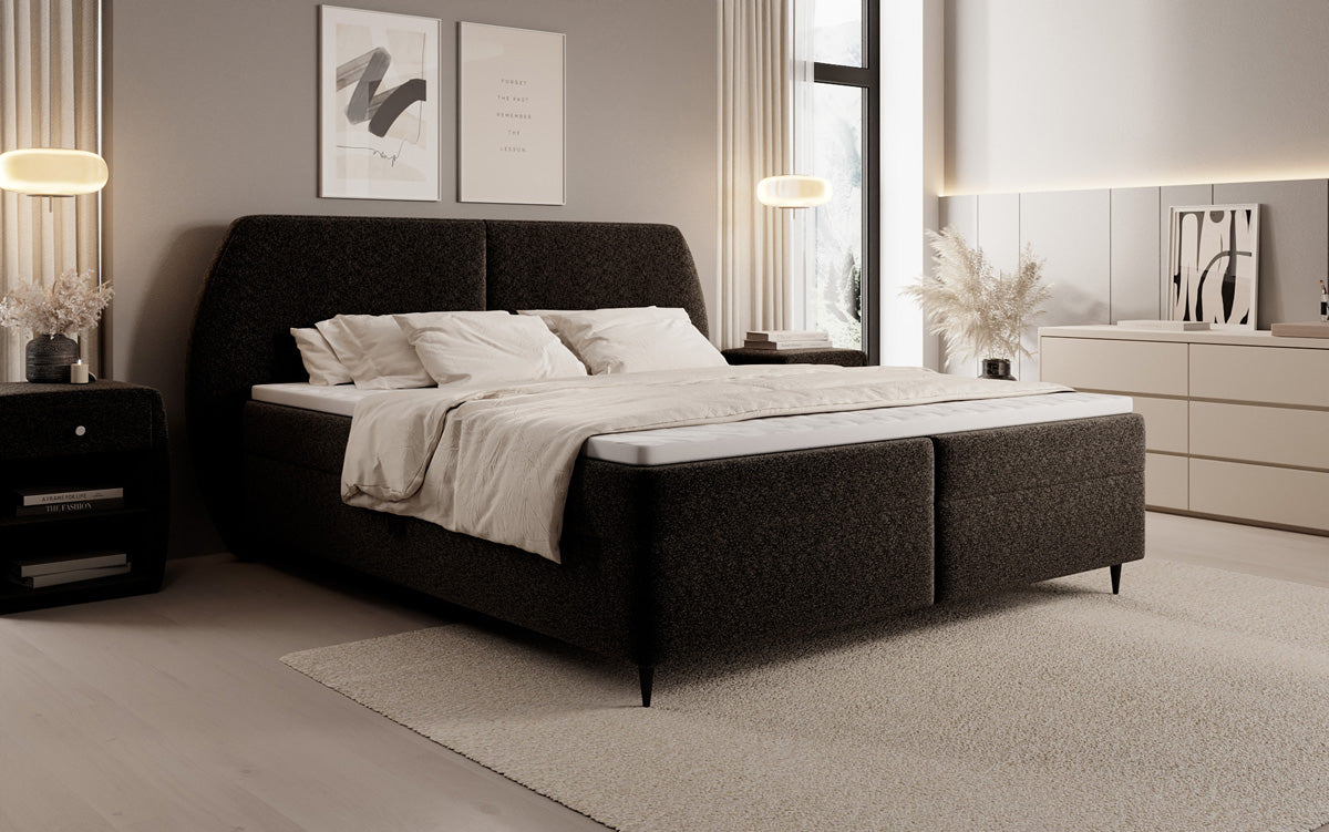 Lit boxspring Nara en tissu structuré avec espace de rangement