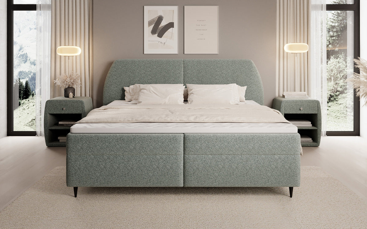 Lit boxspring Nara en tissu structuré avec espace de rangement