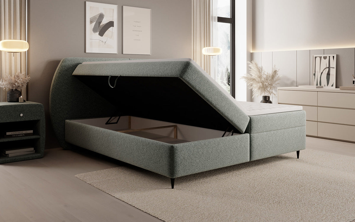 Lit boxspring Nara en tissu structuré avec espace de rangement