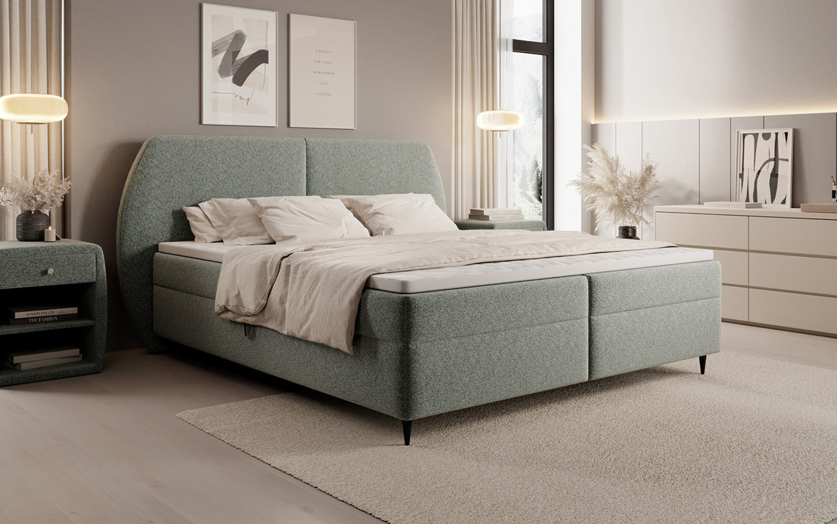 Lit boxspring Nara en tissu structuré avec espace de rangement