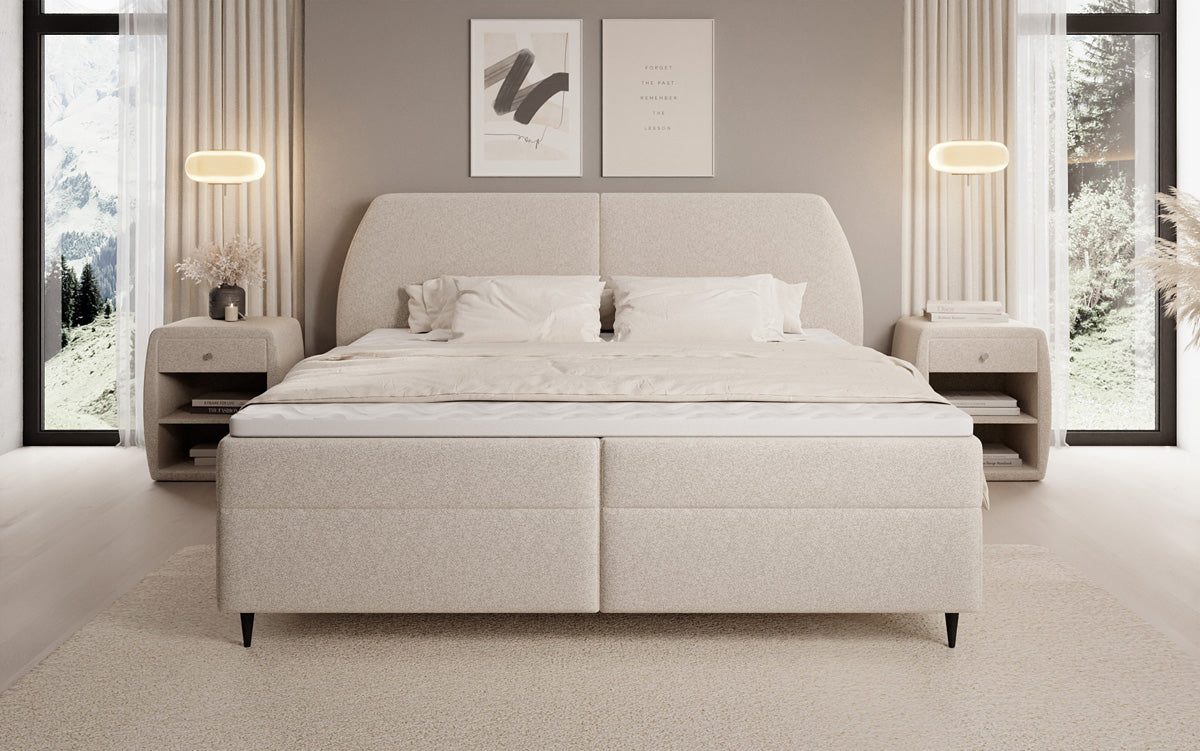 Lit boxspring Nara en tissu structuré avec espace de rangement