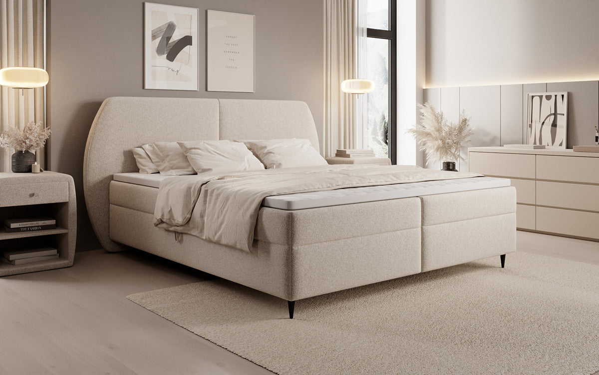 Lit boxspring Nara en tissu structuré avec espace de rangement