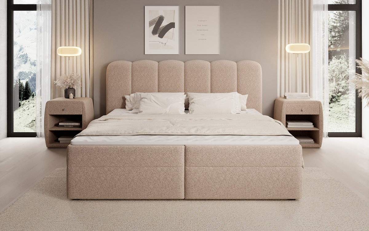 Boxspringbed Bologna in structuurstof met opbergruimte