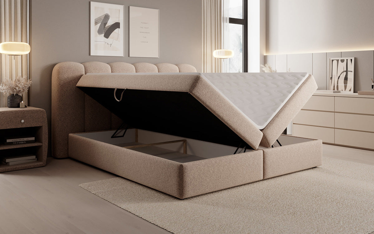 Boxspringbed Bologna in structuurstof met opbergruimte
