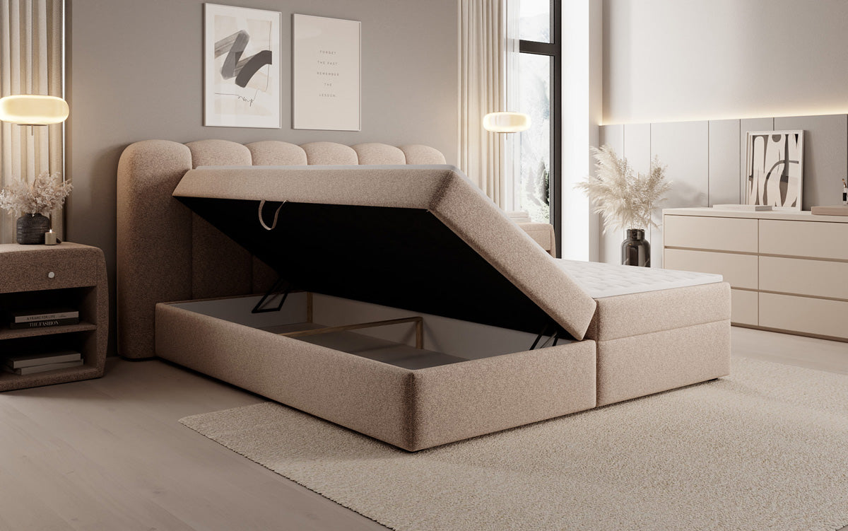 Boxspringbed Bologna in structuurstof met opbergruimte
