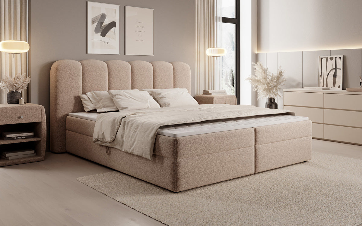 Boxspringbed Bologna in structuurstof met opbergruimte