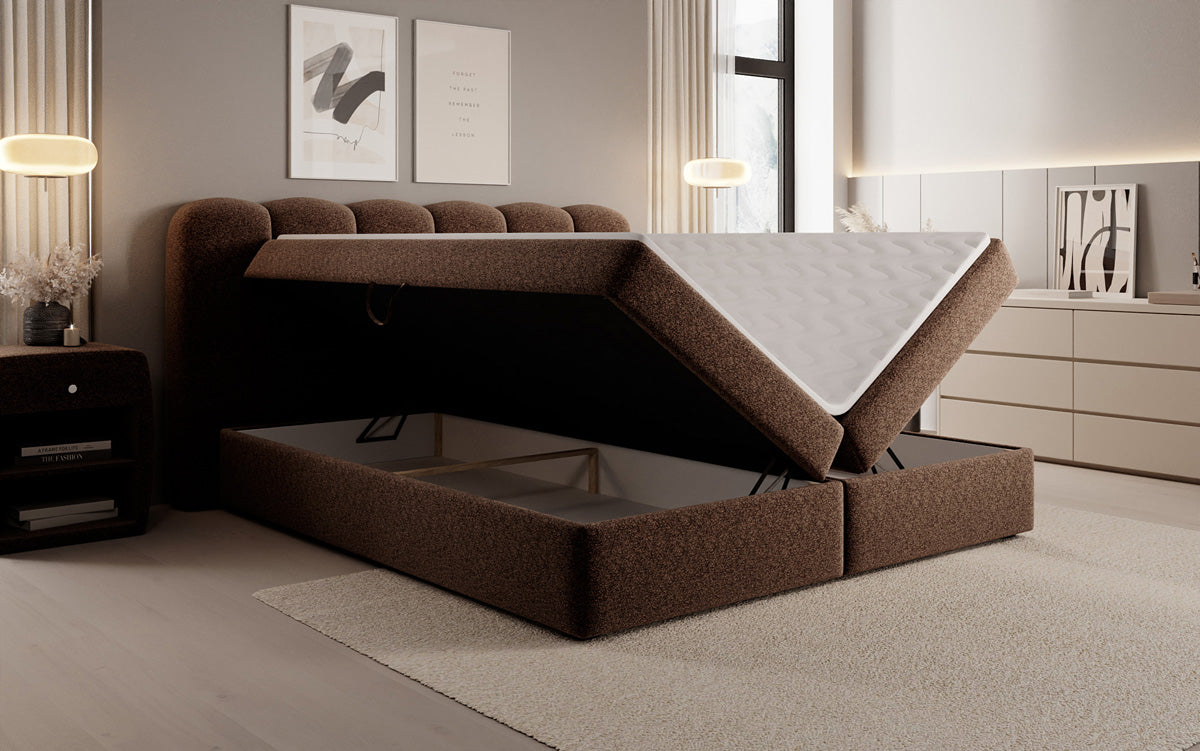 Boxspringbed Bologna in structuurstof met opbergruimte