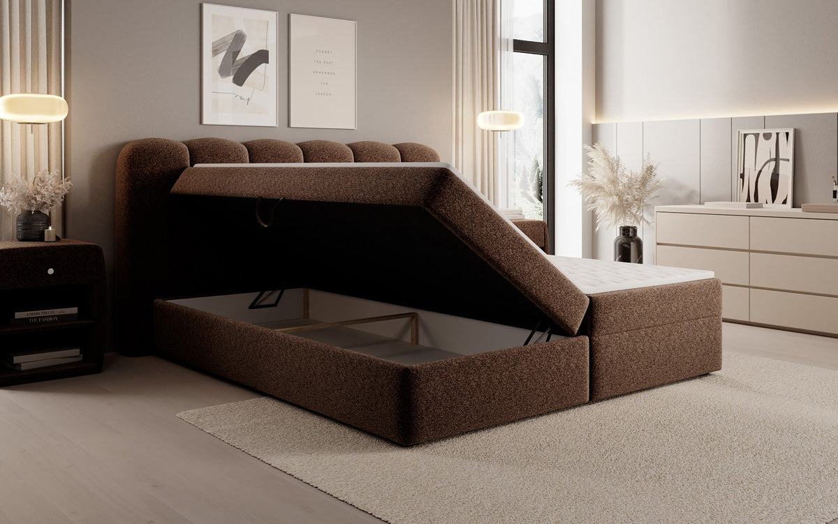 Boxspringbed Bologna in structuurstof met opbergruimte
