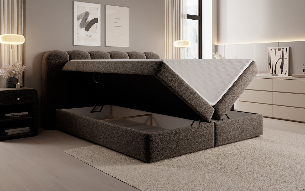 Boxspringbed Bologna in structuurstof met opbergruimte
