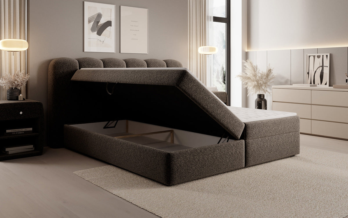 Boxspringbed Bologna in structuurstof met opbergruimte