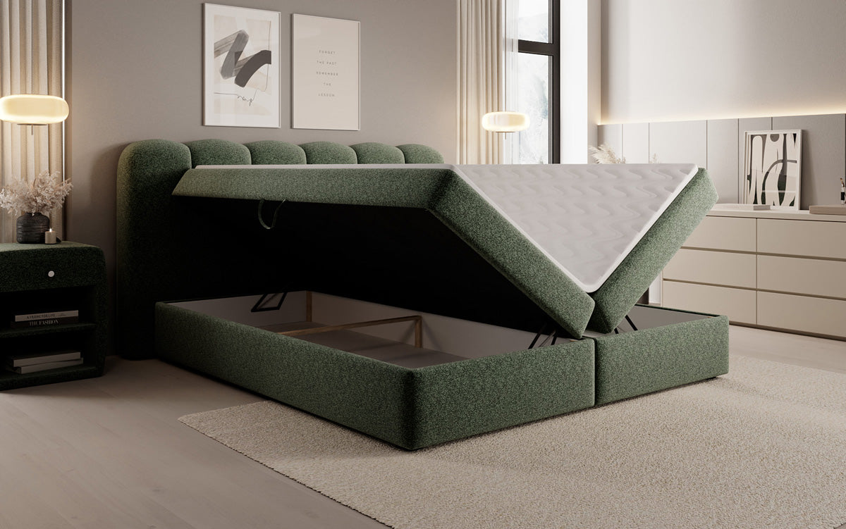Boxspringbed Bologna in structuurstof met opbergruimte