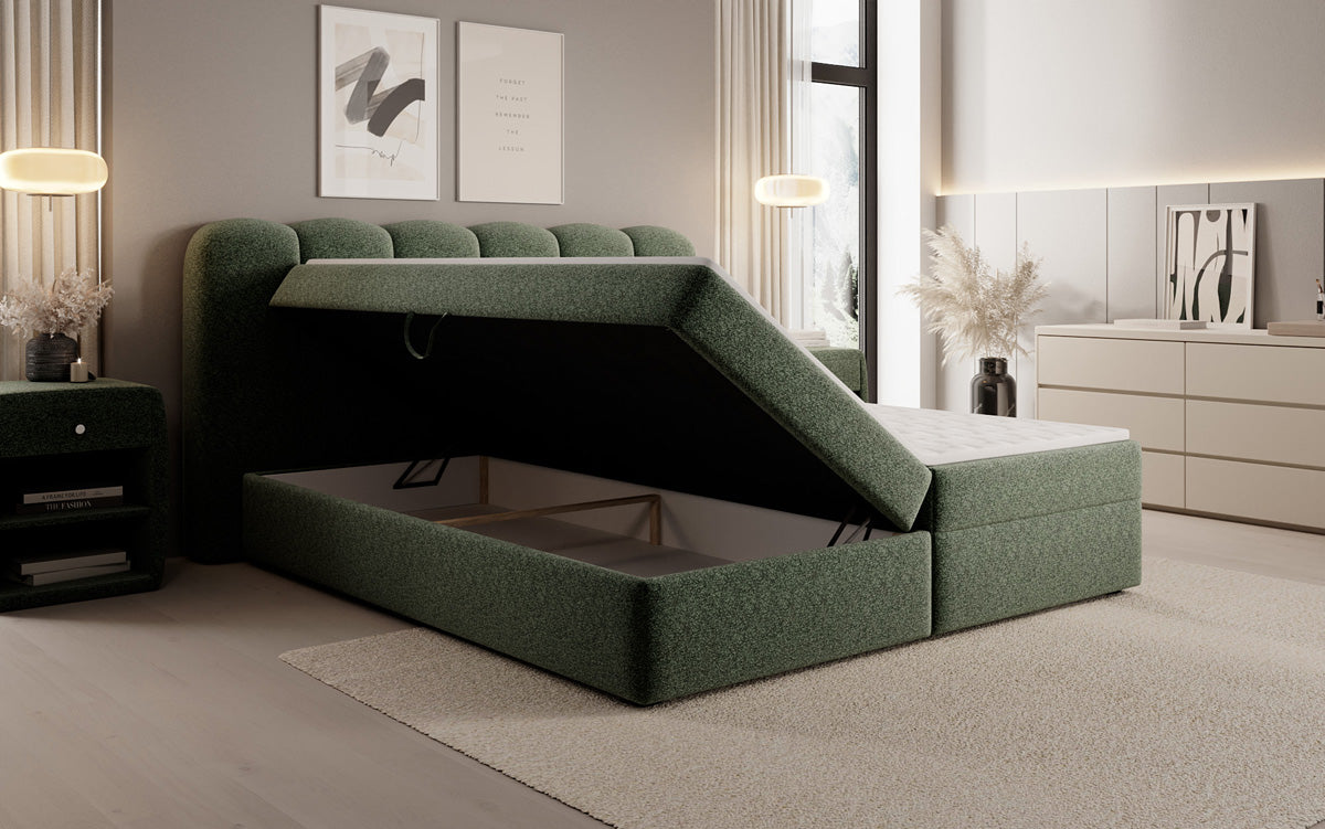 Boxspringbed Bologna in structuurstof met opbergruimte