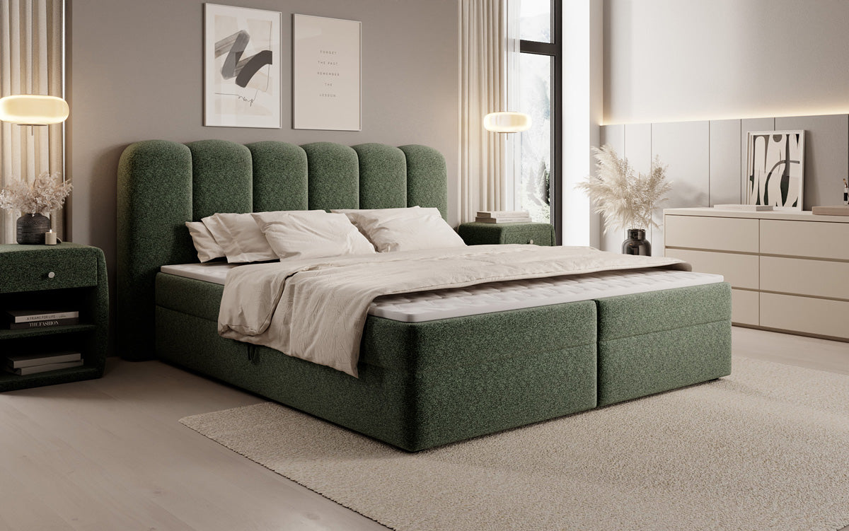 Boxspringbed Bologna in structuurstof met opbergruimte