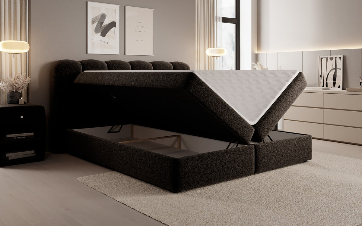 Boxspringbed Bologna in structuurstof met opbergruimte