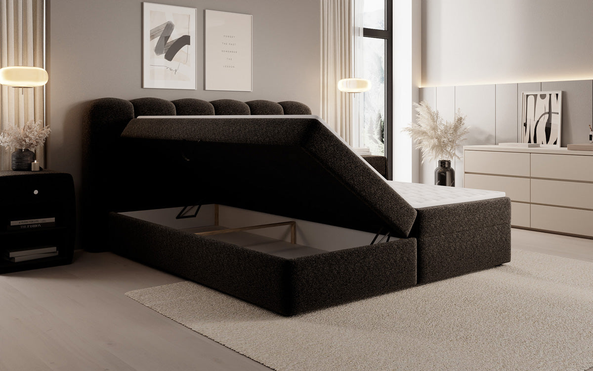 Boxspringbed Bologna in structuurstof met opbergruimte