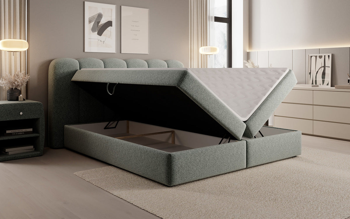Boxspringbed Bologna in structuurstof met opbergruimte