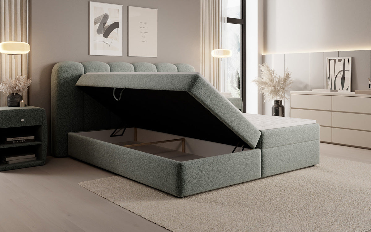 Boxspringbed Bologna in structuurstof met opbergruimte