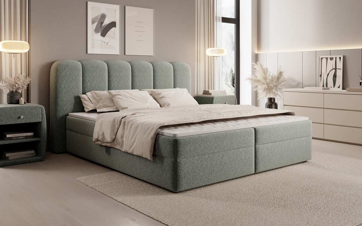 Boxspringbed Bologna in structuurstof met opbergruimte