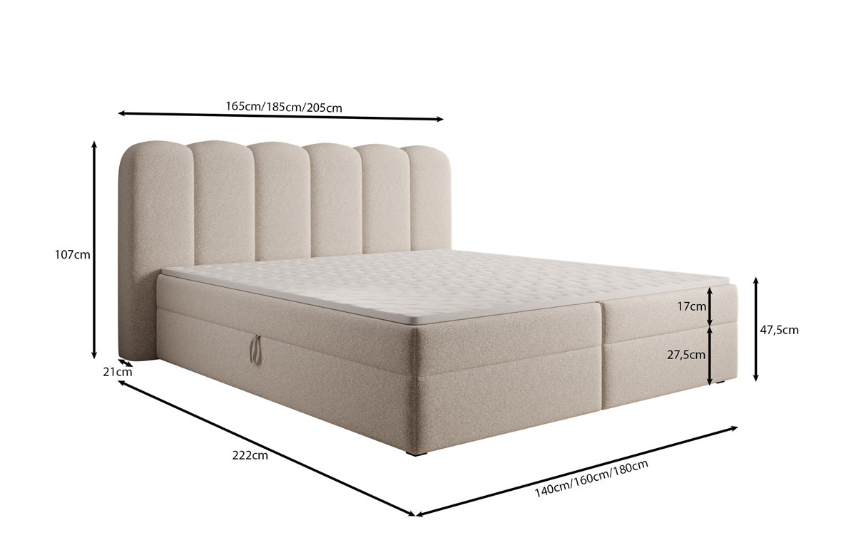 Boxspringbed Bologna in structuurstof met opbergruimte
