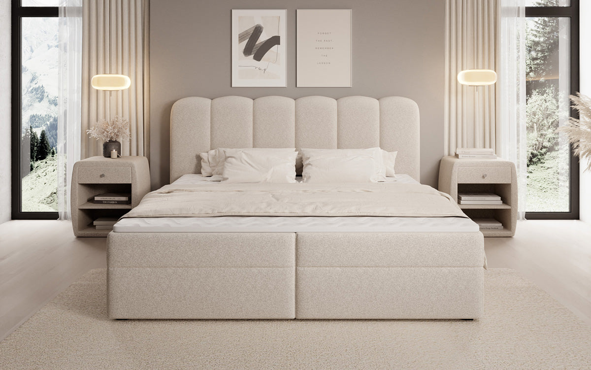Boxspringbed Bologna in structuurstof met opbergruimte