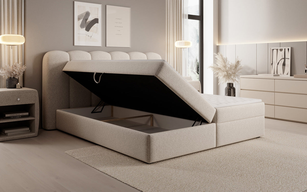 Boxspringbed Bologna in structuurstof met opbergruimte