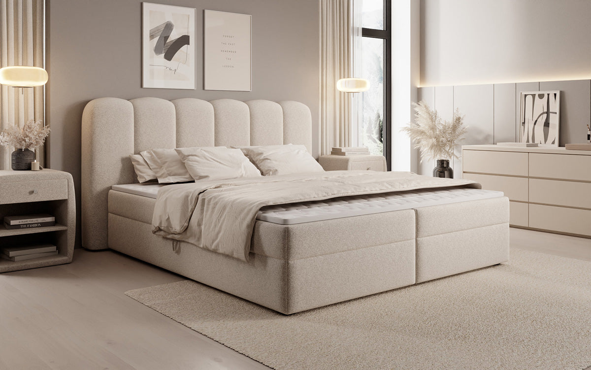Boxspringbed Bologna in structuurstof met opbergruimte