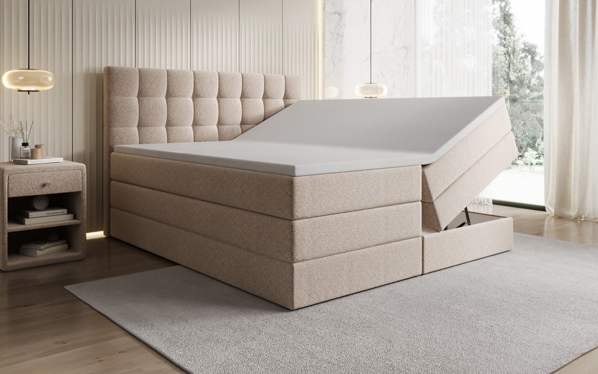 Boxspringbed Grandé in structuurstof met opbergruimte