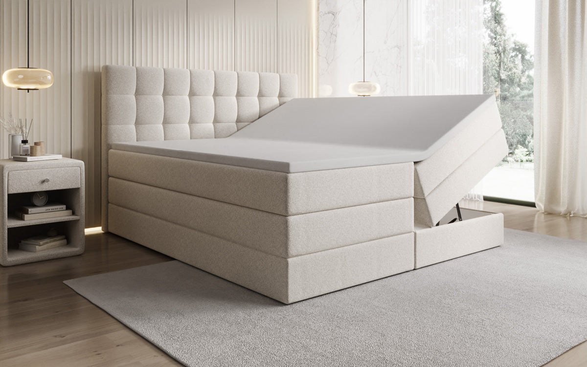 Boxspringbed Grandé in structuurstof met opbergruimte