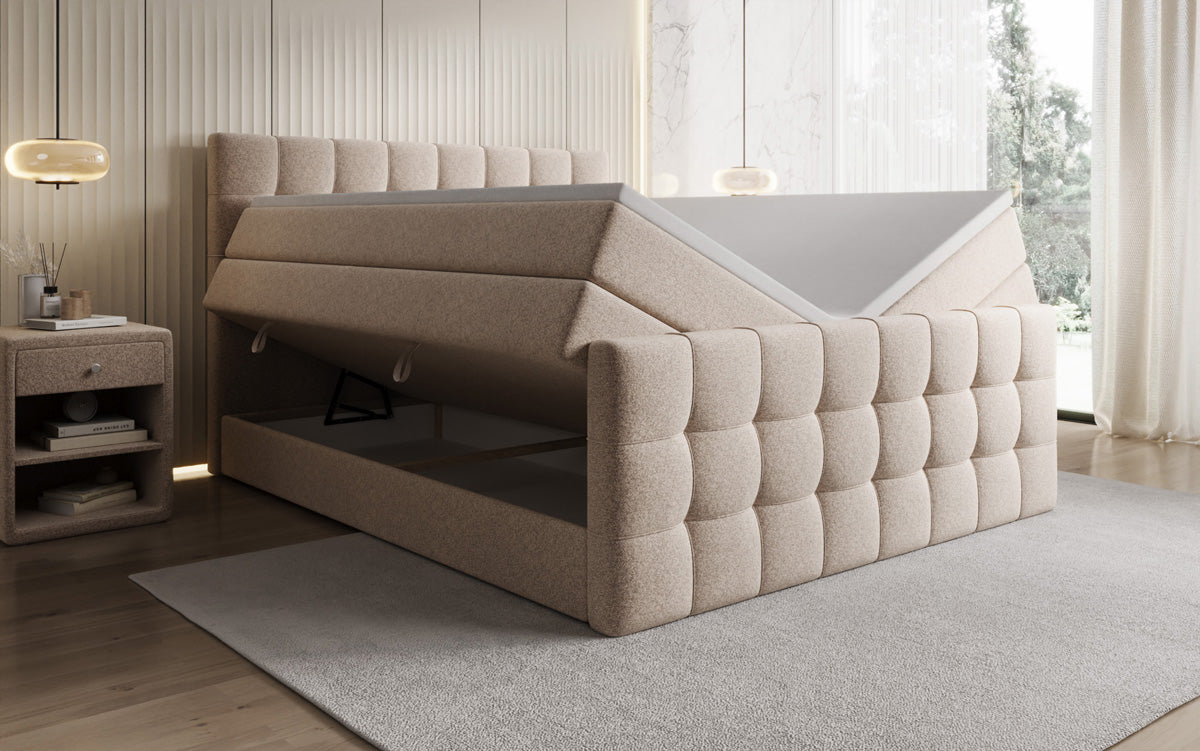 Boxspringbed Ascot in structuurstof met opbergruimte