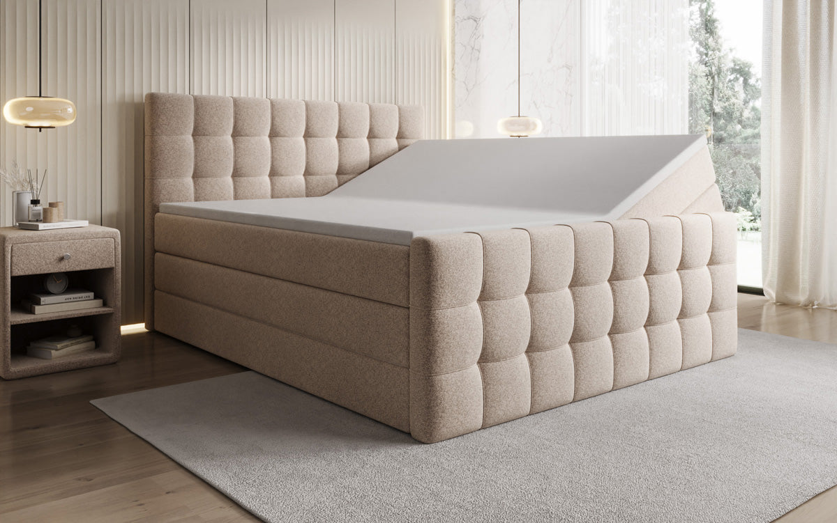 Boxspringbed Ascot in structuurstof met opbergruimte