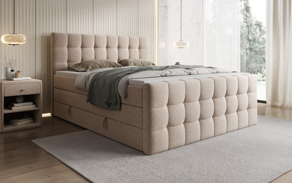 Boxspringbed Ascot in structuurstof met opbergruimte