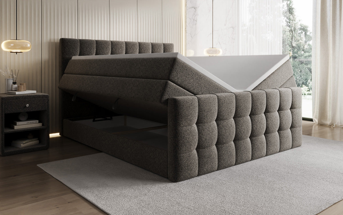 Boxspringbed Ascot in structuurstof met opbergruimte