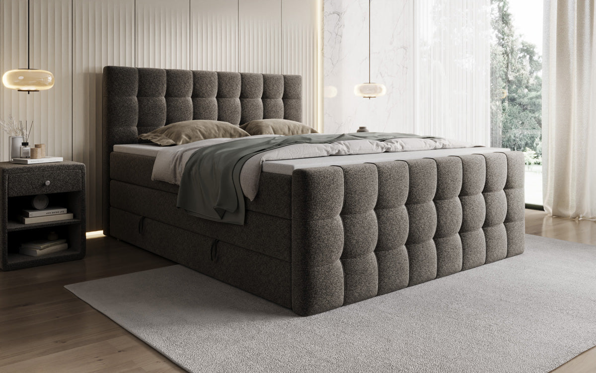 Boxspringbed Ascot in structuurstof met opbergruimte