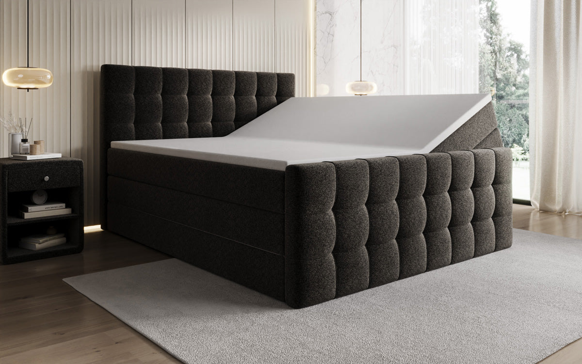 Boxspringbed Ascot in structuurstof met opbergruimte