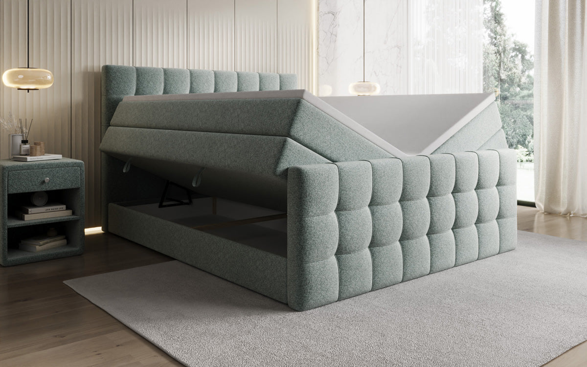 Boxspringbed Ascot in structuurstof met opbergruimte