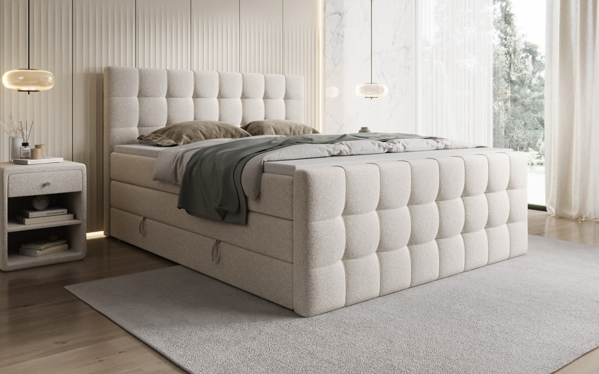 Boxspringbed Ascot in structuurstof met opbergruimte