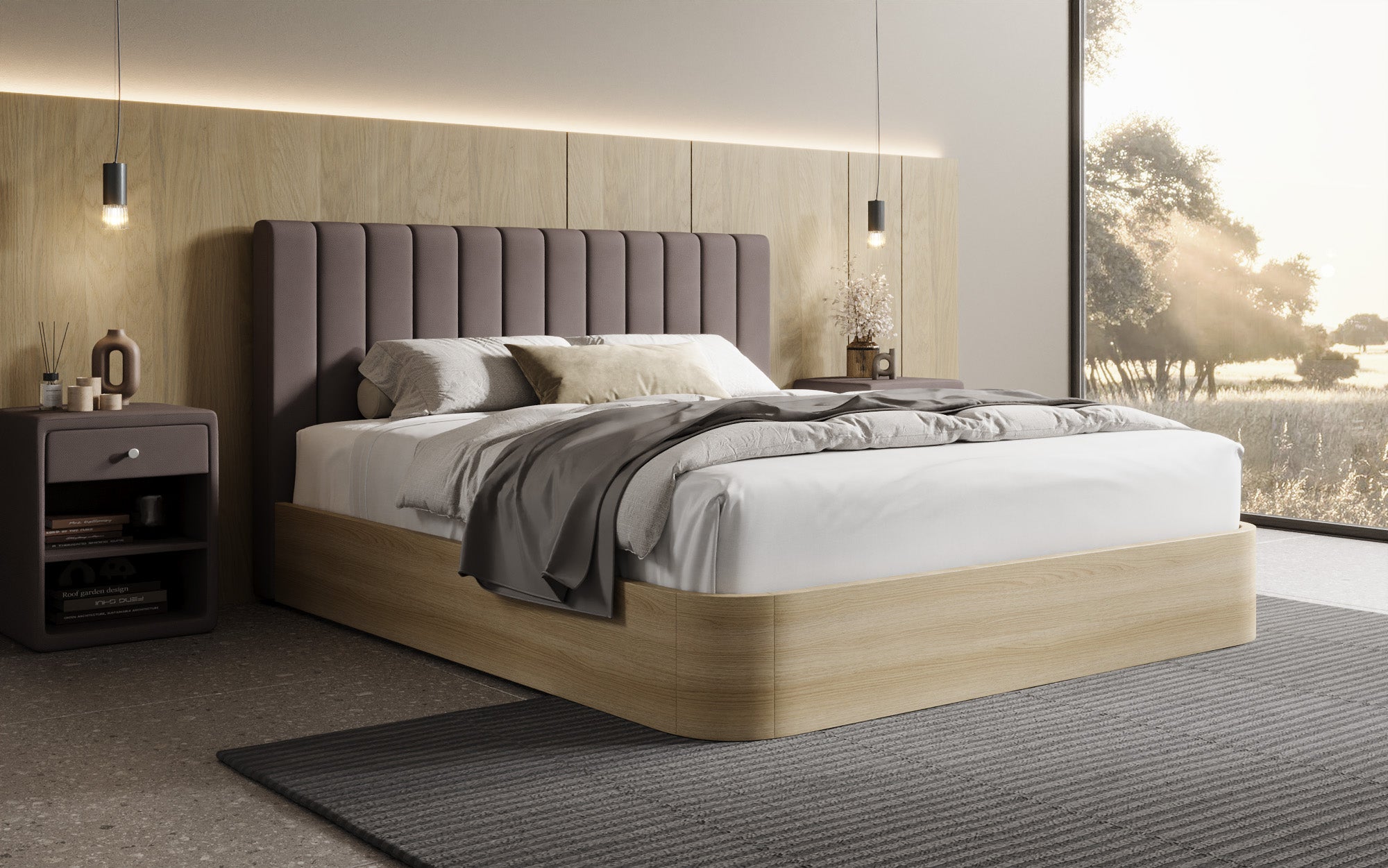 Designer Polsterbett Fiore Linea in Stoff mit Stauraum