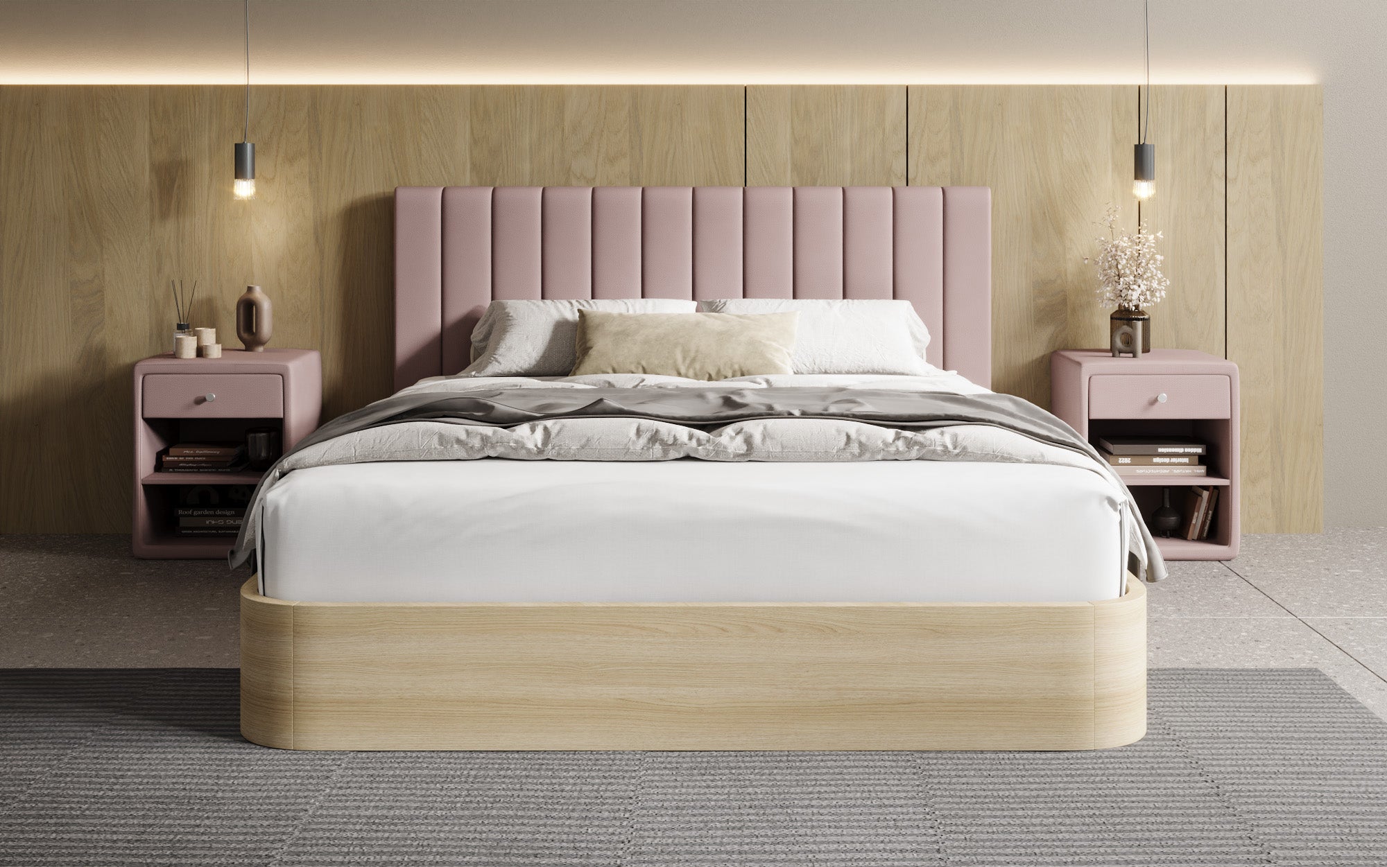 Designer Polsterbett Fiore Linea in Stoff mit Stauraum