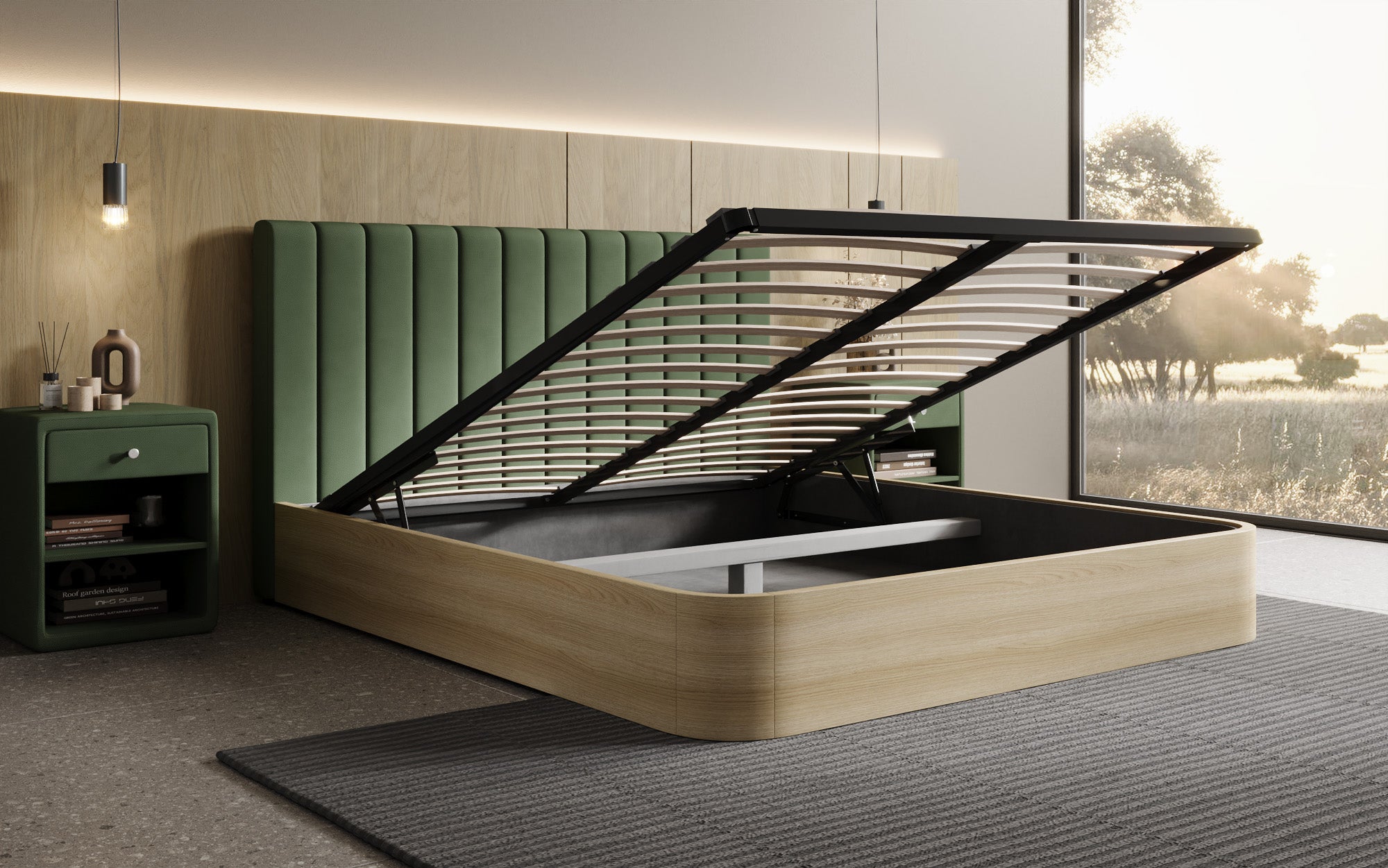 Designer Polsterbett Fiore Linea in Stoff mit Stauraum