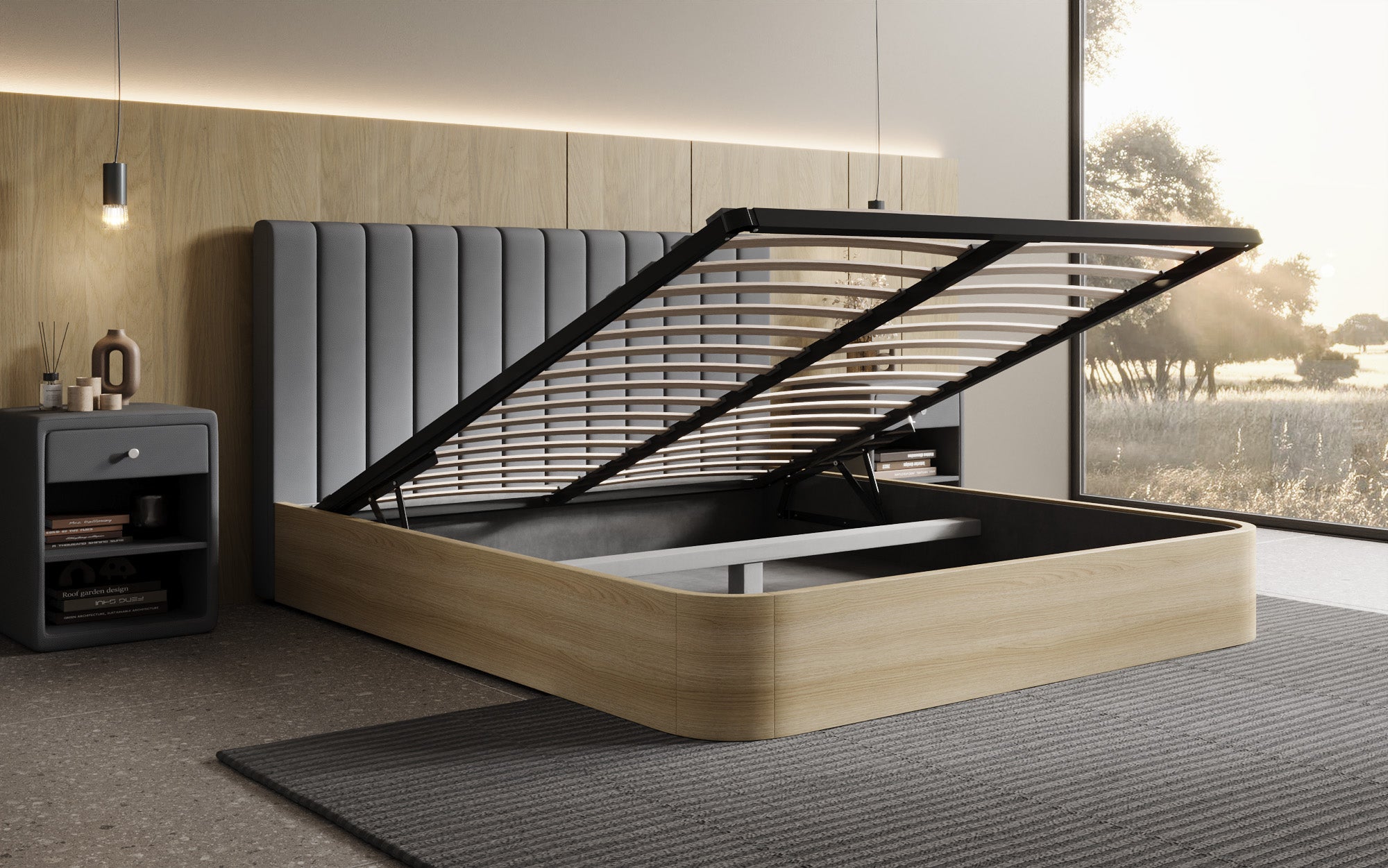 Designer Polsterbett Fiore Linea in Stoff mit Stauraum