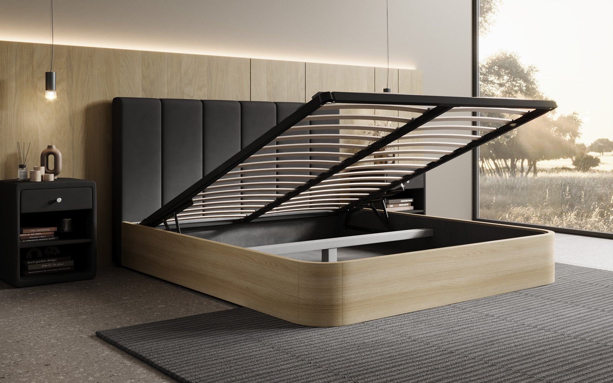 Designer gestoffeerd bed Fiore Piano in Stof met opbergruimte