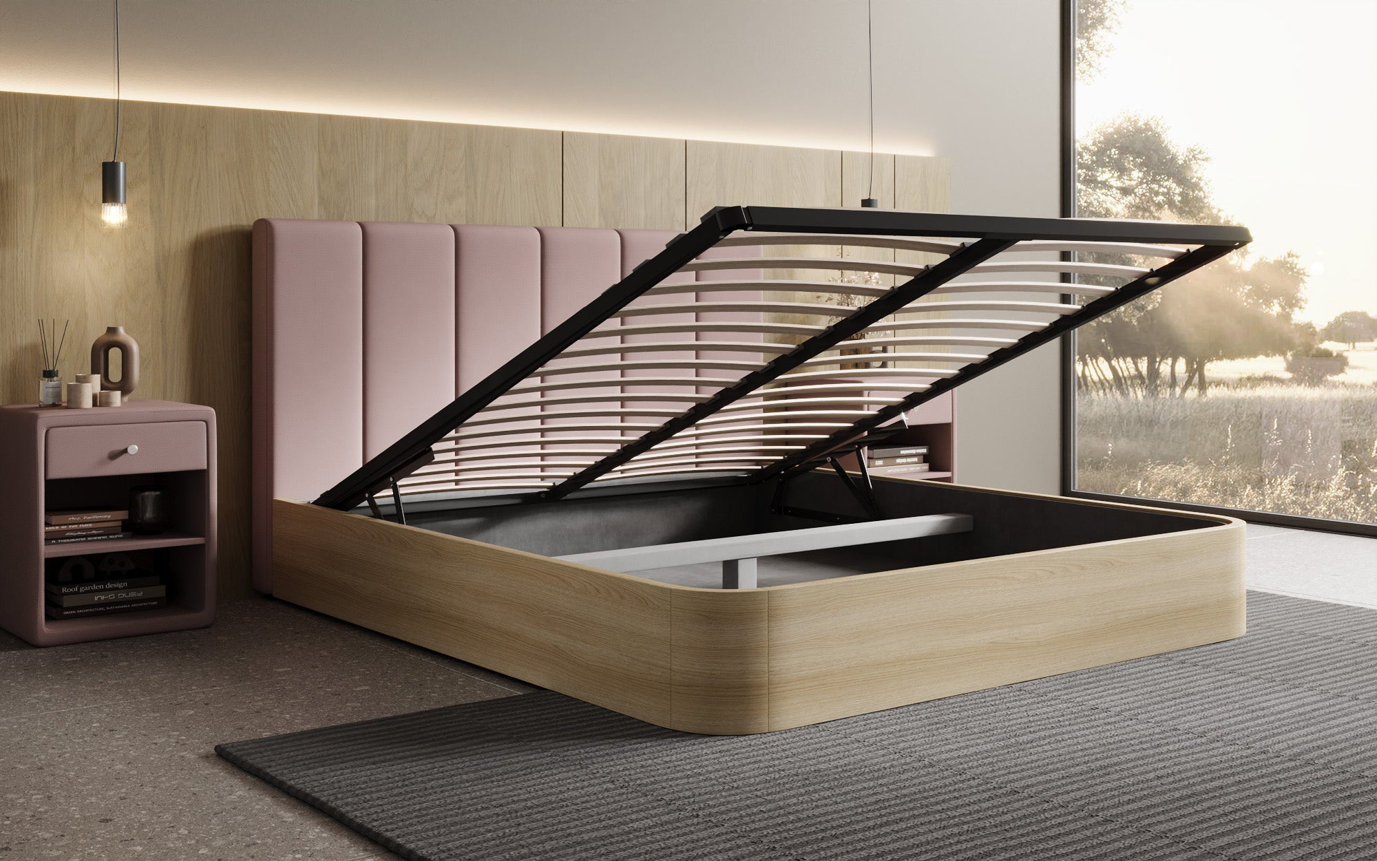 Designer gestoffeerd bed Fiore Piano in Stof met opbergruimte