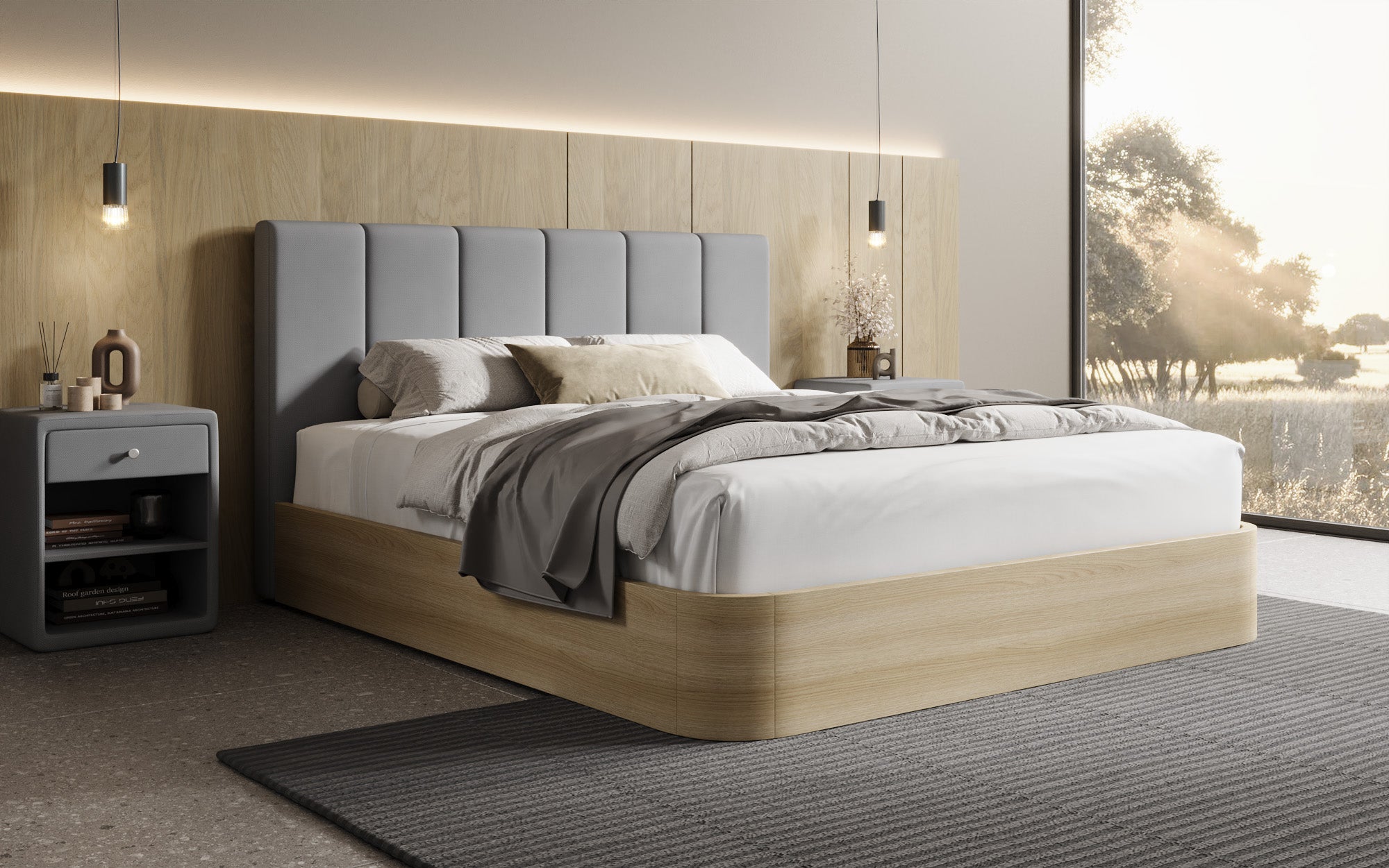 Designer gestoffeerd bed Fiore Piano in Stof met opbergruimte