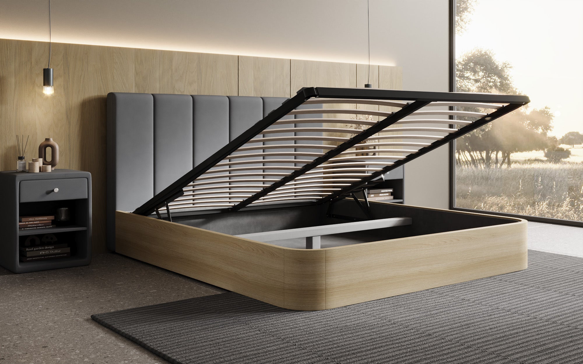 Designer gestoffeerd bed Fiore Piano in Stof met opbergruimte