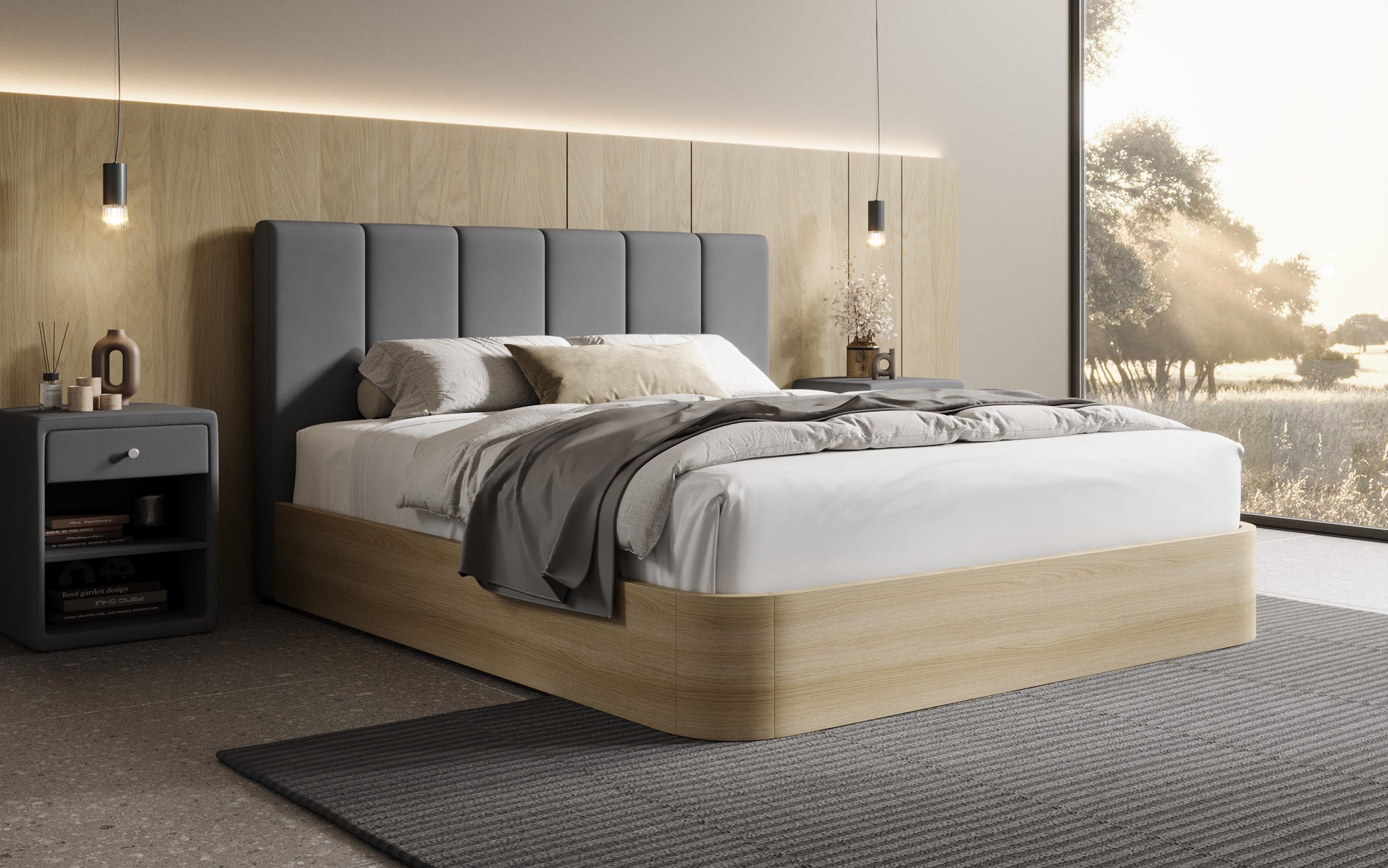 Designer gestoffeerd bed Fiore Piano in Stof met opbergruimte
